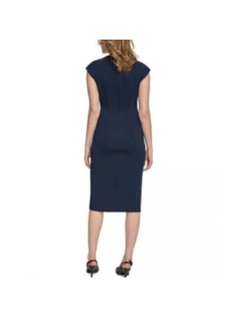 NWT Calvin Klein Navy Blue Side-Ruched Scuba Crepe Sheath Dress - Picture 4 of 17